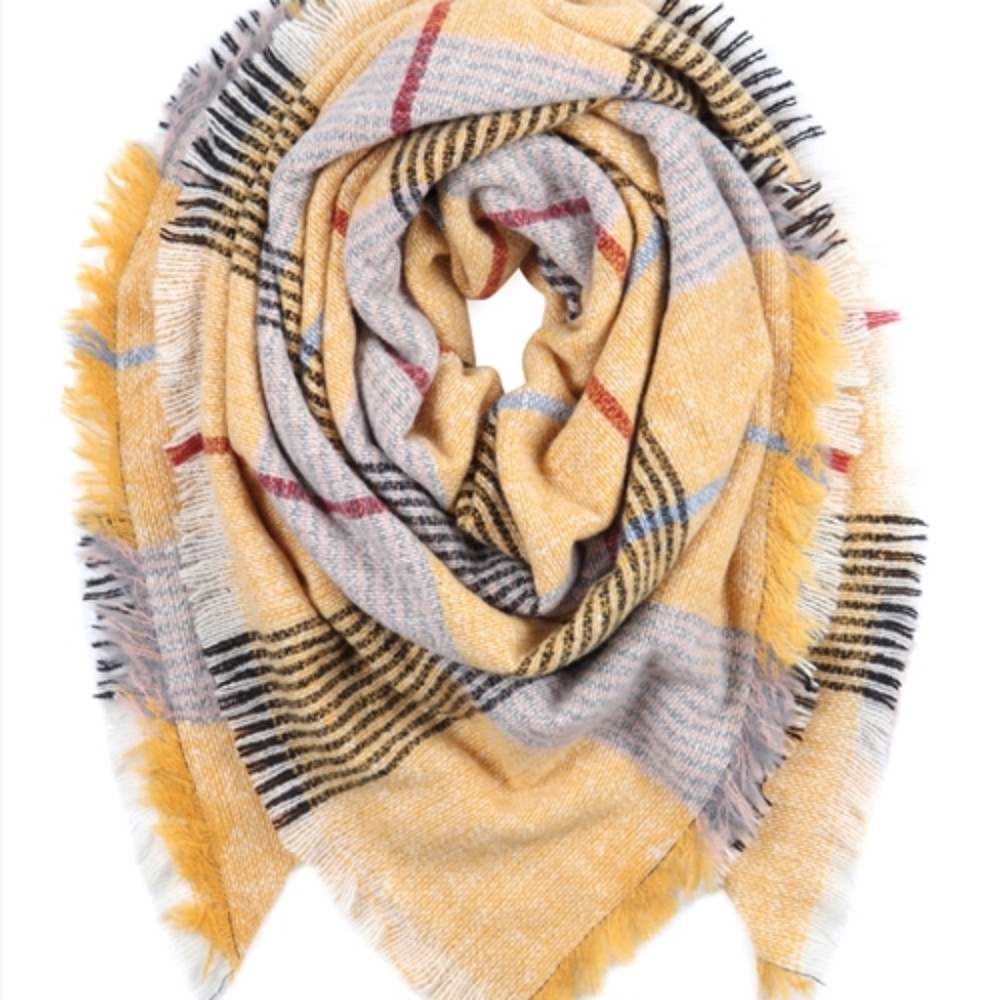 Mustard Gray Multi Color Blanket Fringed Scarf